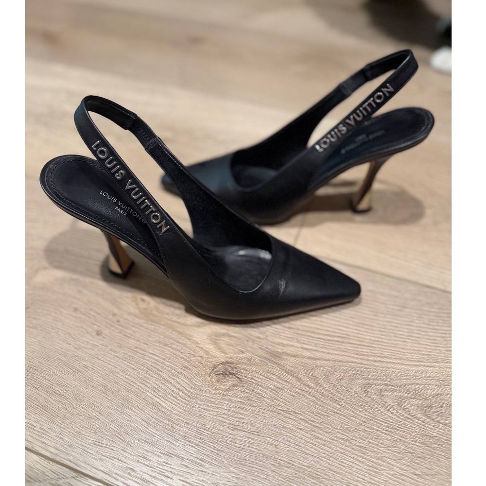 Louis Vuitton Black Leather Slingback Pumps Silver Logo Heel 37.5 or 7.5 US VGUC
